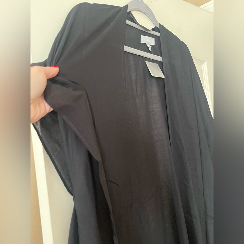 New! Nordstrom Black Viscose Kimono ruana style with Fringe OSFM - Picture 7 of 15